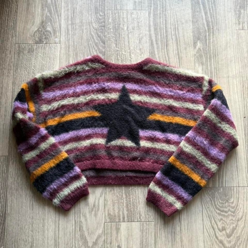Y2K Stripes Sweater Womens Large Star Grunge Punk Goth Socail Collison Top